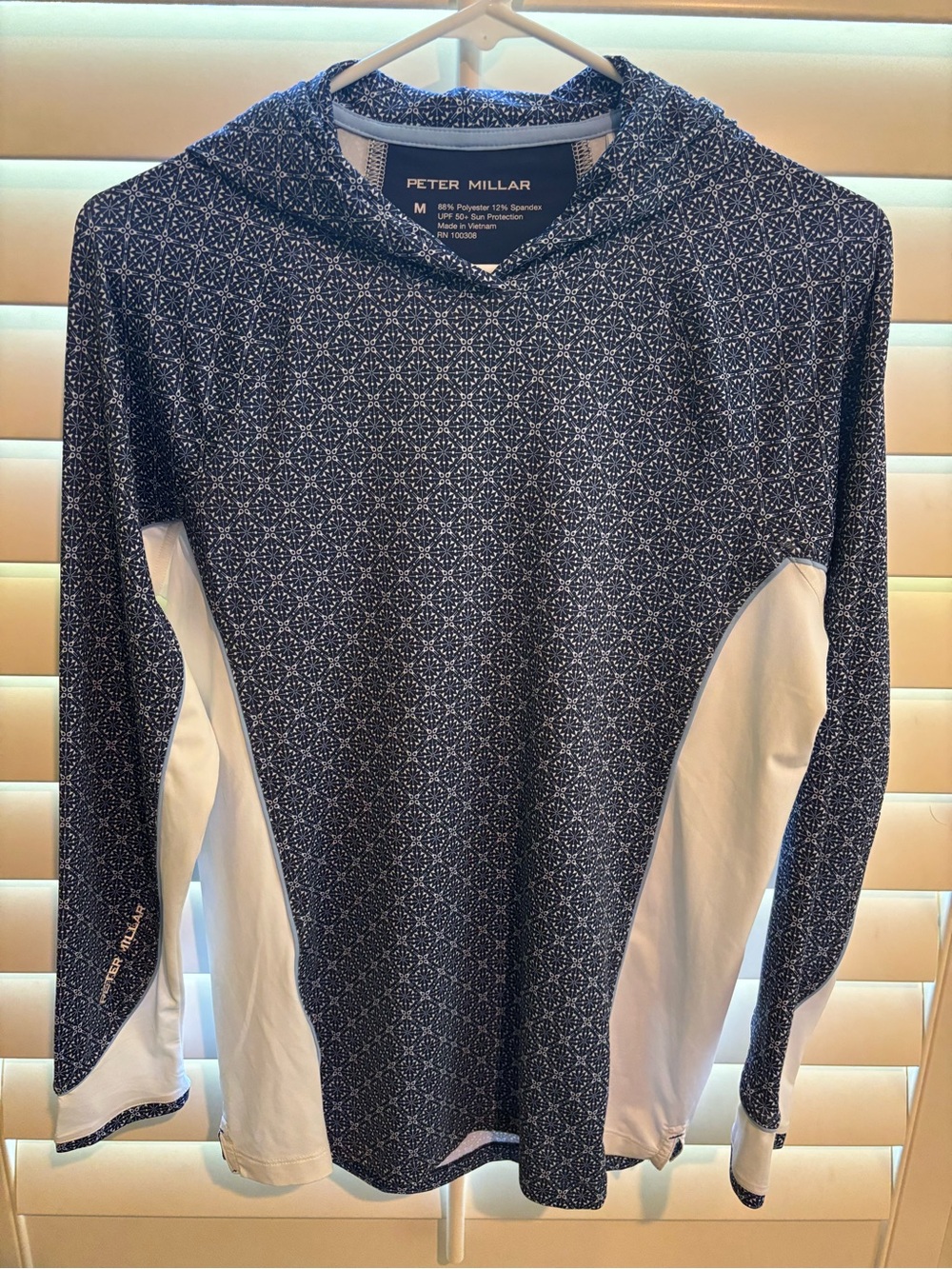 Peter Millar Navy and White Geometric Hooded Performance Top